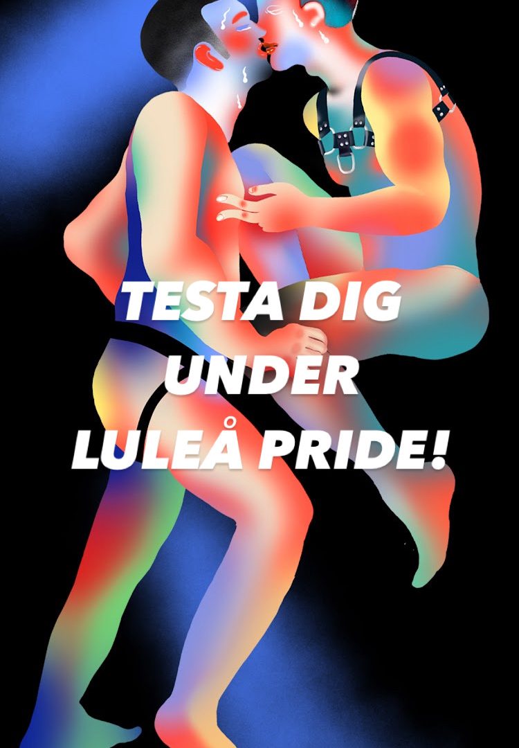 Vectorization of two people wearing strap harness kissing. Text: Testa dig under Luleå Pride!